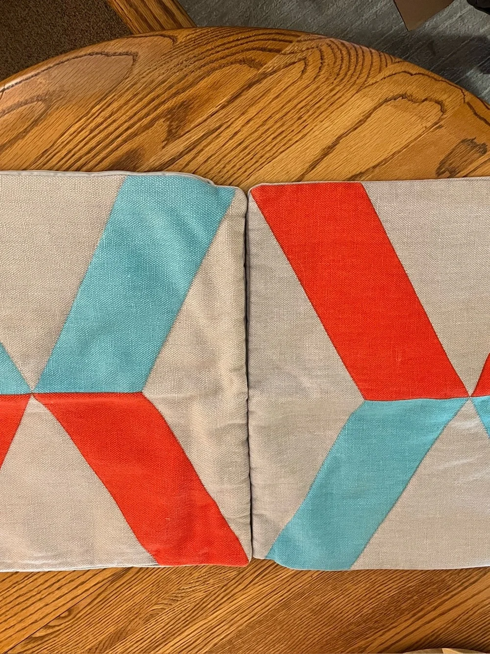 IKEA Geometric Accent Pillow Covers in Red and Teal on Beige